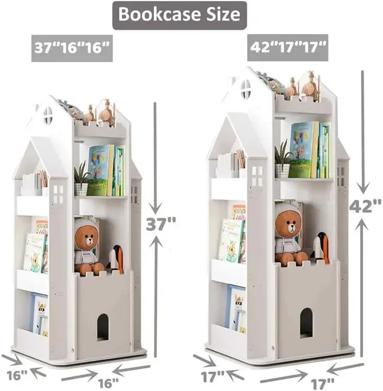 Castle White Rotating Bookshelf Toy Storage Organizer Rack Revolving Corner Bookshelf for Kids Toddler Children Home Office Furn