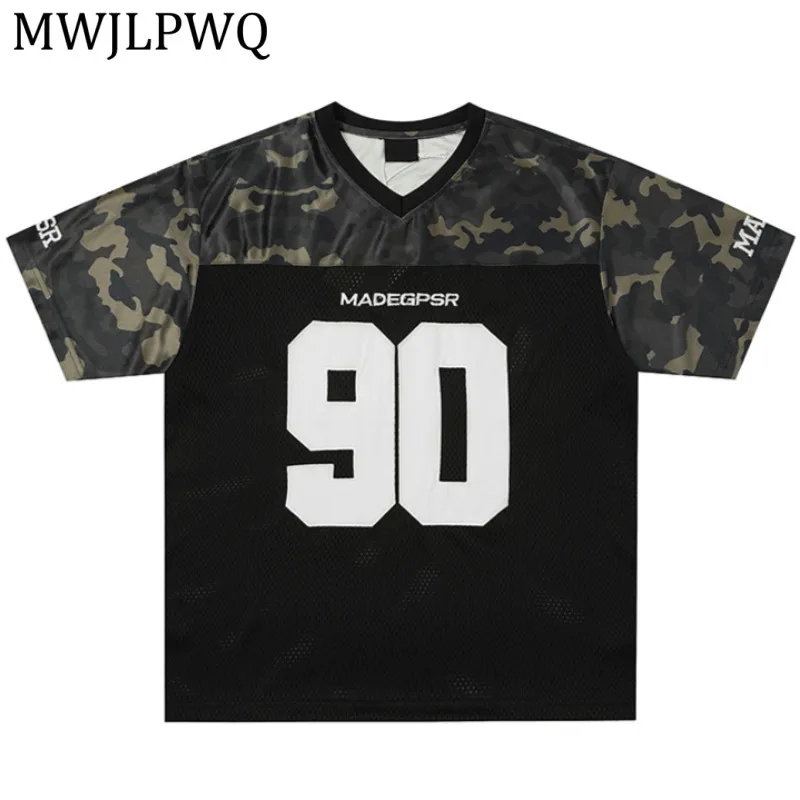 

MWJLPWQ American Retro Style Camouflage Print T-Shirt For Men And Women Patchwork Color-Blocking Short-Sleeve Mesh Tops 16001