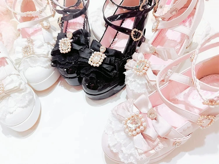 Japanese Original Lolita Gem Skirt High Heels Rhinestone Lace Single Shoes Women's Bud Waterproof Table Versatile Shoes Female