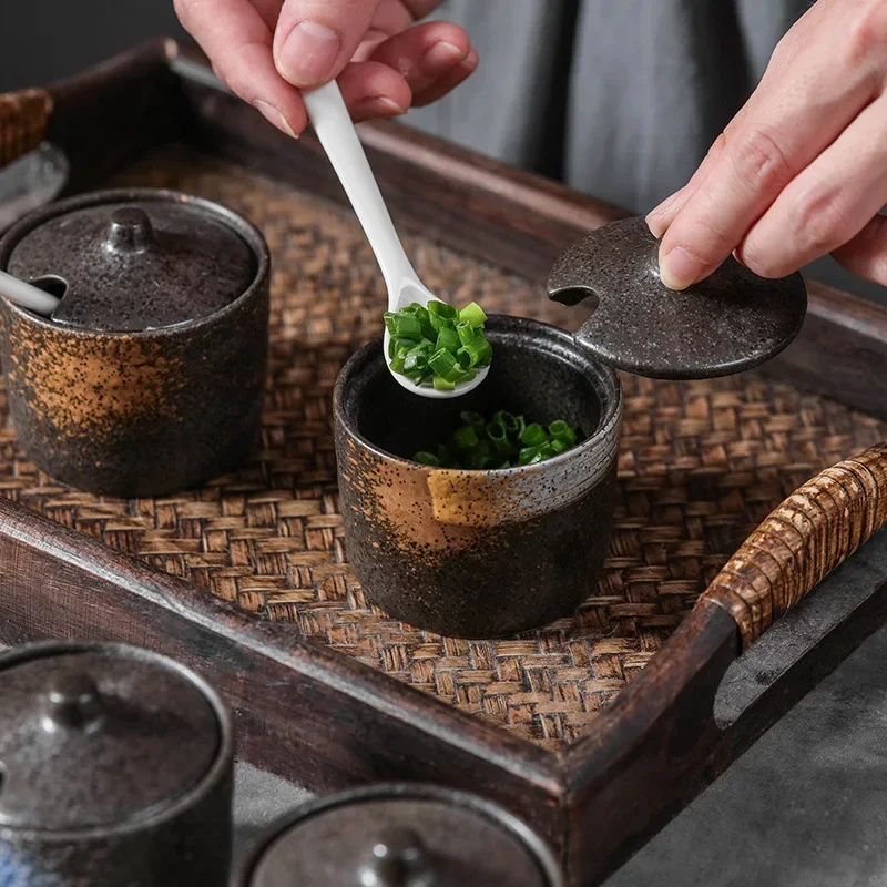 LingAo-Ceramic Condiment Box Set with Lid, Creative, Japanese and Korean
