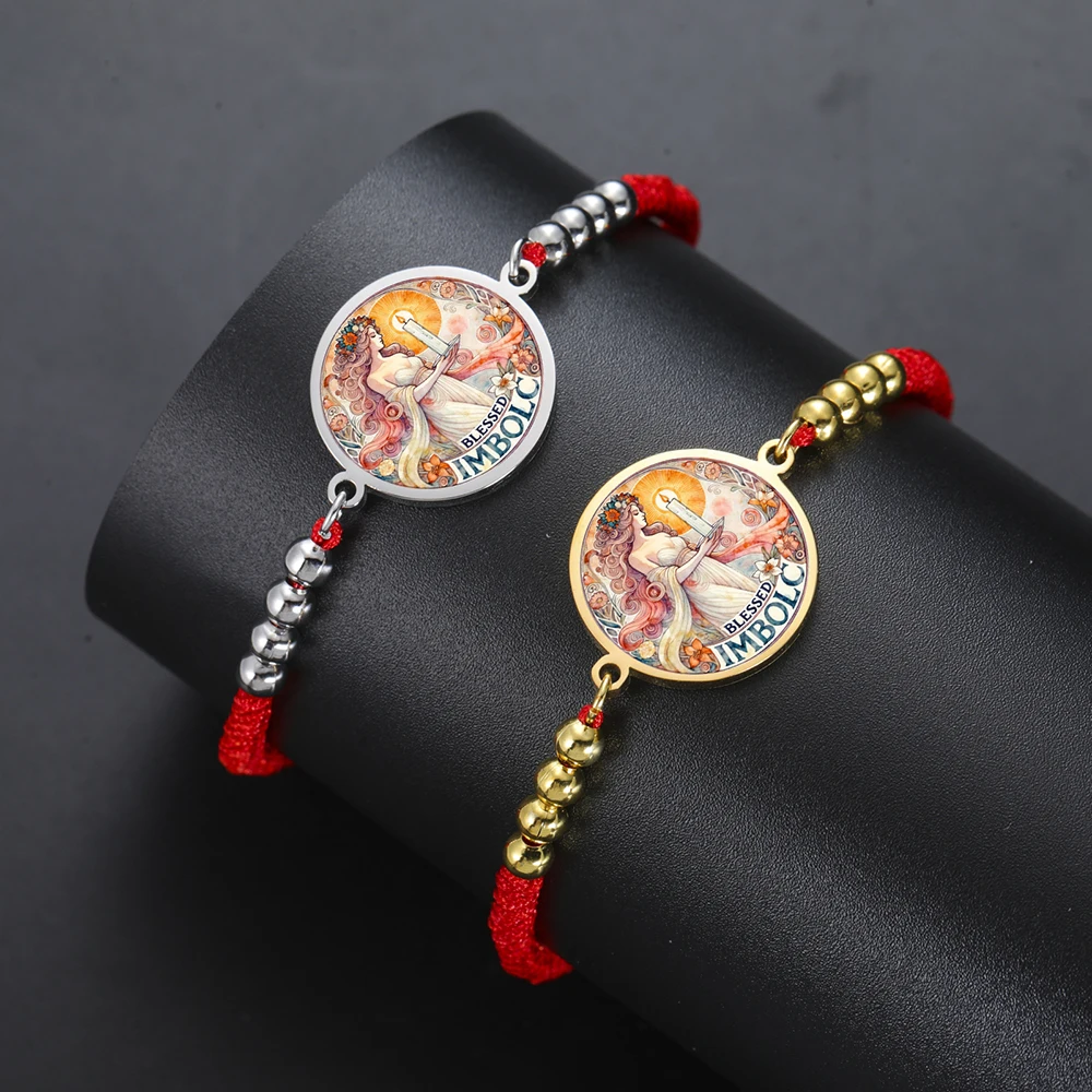 Dawapara Blessed Imbolc Bracelet Brigid Celtics Goddess Charm Wiccan Adjustable Weaving Rope Chain Stainless Steel Jewelry