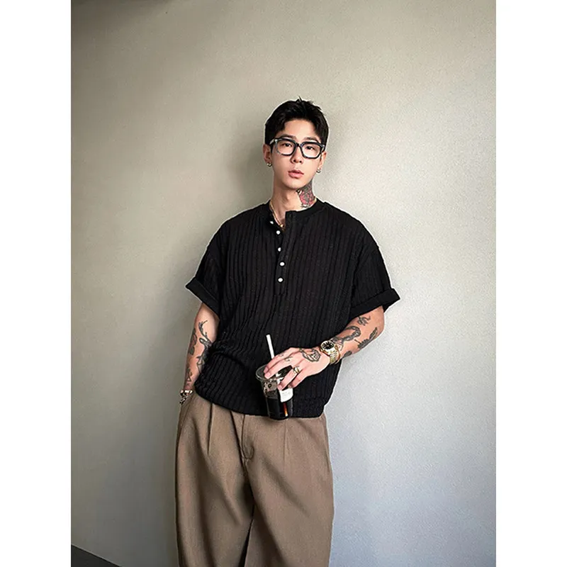 2026 Summer Men Textured Henry Collar Short Sleeve Polo Shirts Vintage Minimalist Casual Tops