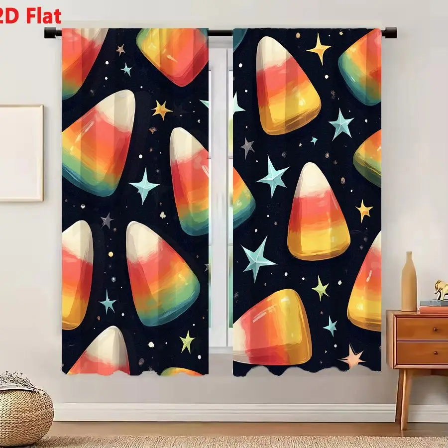 2Pcs Curtains 2D Flat Rainbow Candy Corn On Cosmic Background With Stars Window Drapes for Bedroom Room Decor Decoration Window