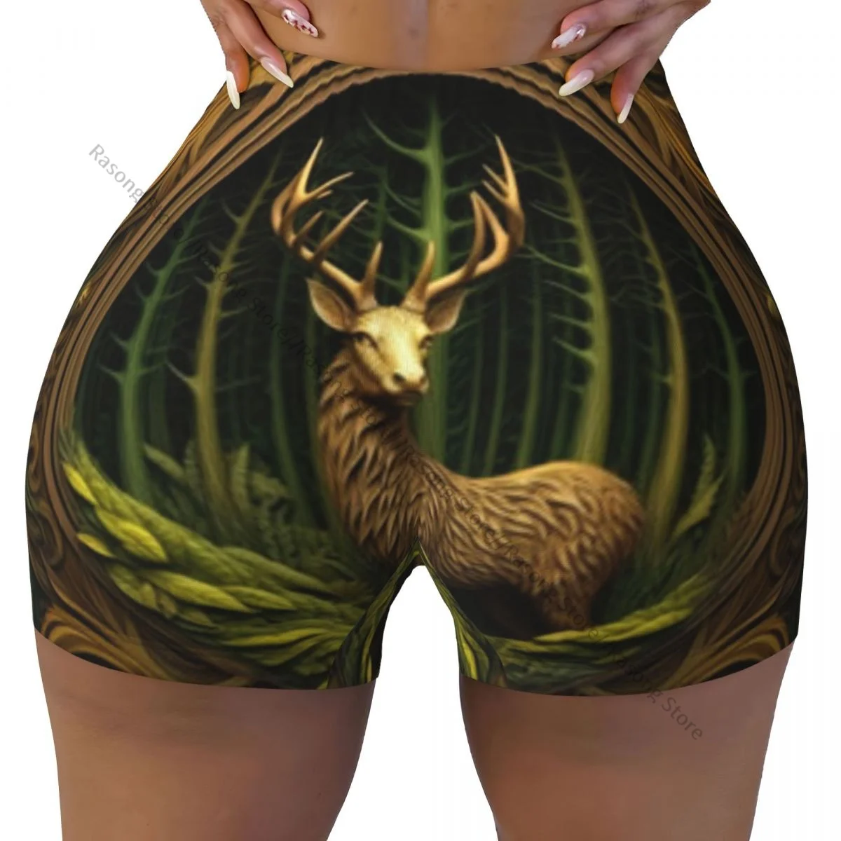 Sexy apertado quadril esportes shorts imagem de cervos fitness feminino confortável yoga shorts