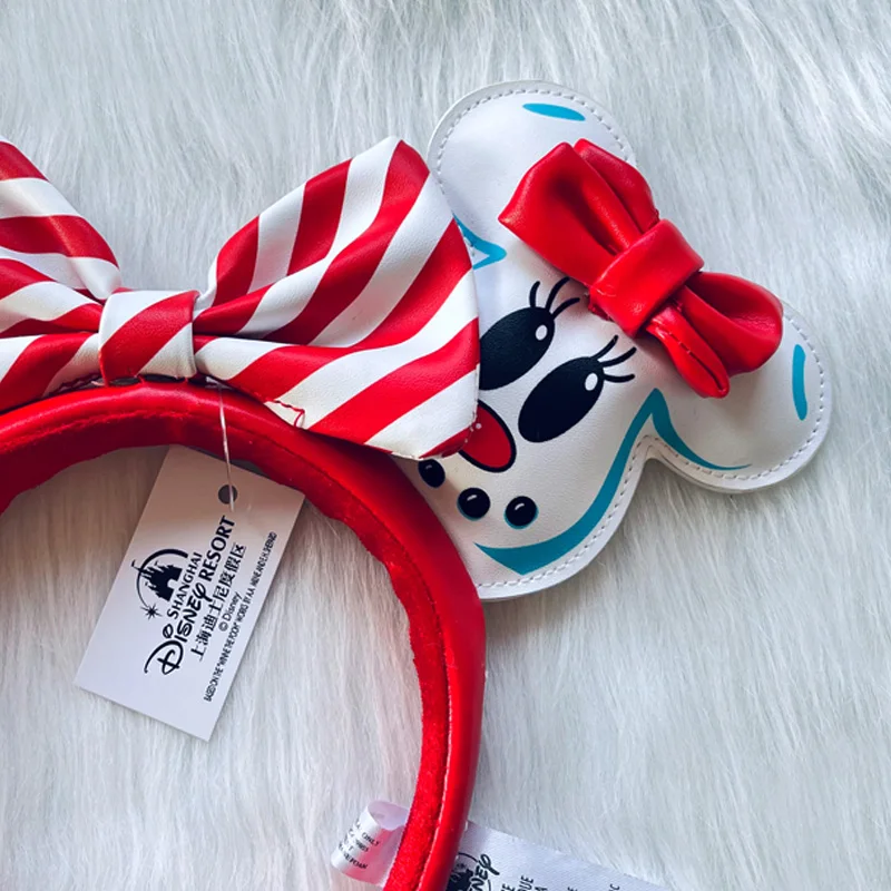 New Disney Winter Christmas Gingerbread Mickey Co-Branding Headband Candy Stripe Bow Headband PU Cartoon Mickey Ears Hair Hoop