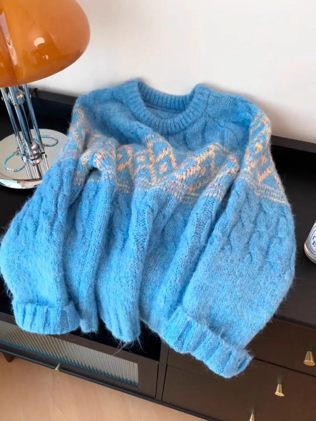 ヴィンテージブルーケーブルニットセーター女性韓国秋冬肥厚モヘアアーガイルプルオーバークルーネックコントラストジャカードニットトップ