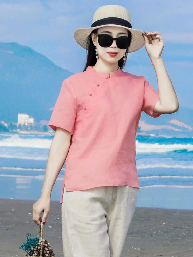 

Chinese Sle ort Sve Linen irt Women's Summer Faion Original Design Stand Collar Button Detail Cotton Linen Blouse