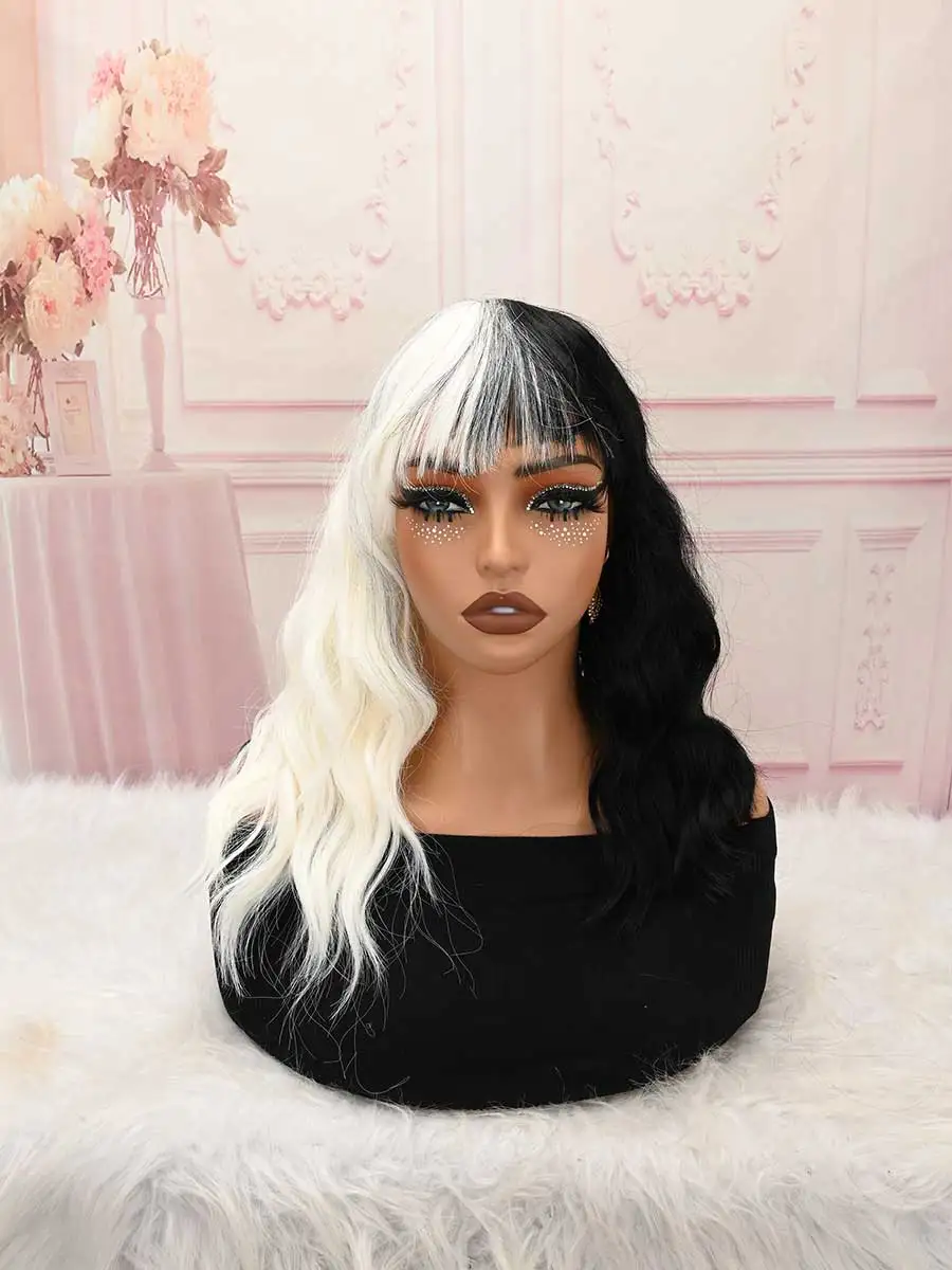 Half Black Half White Split Color Water Wave Wig Air Bang Heat Resistant Synthetic Cosplay Party Wig