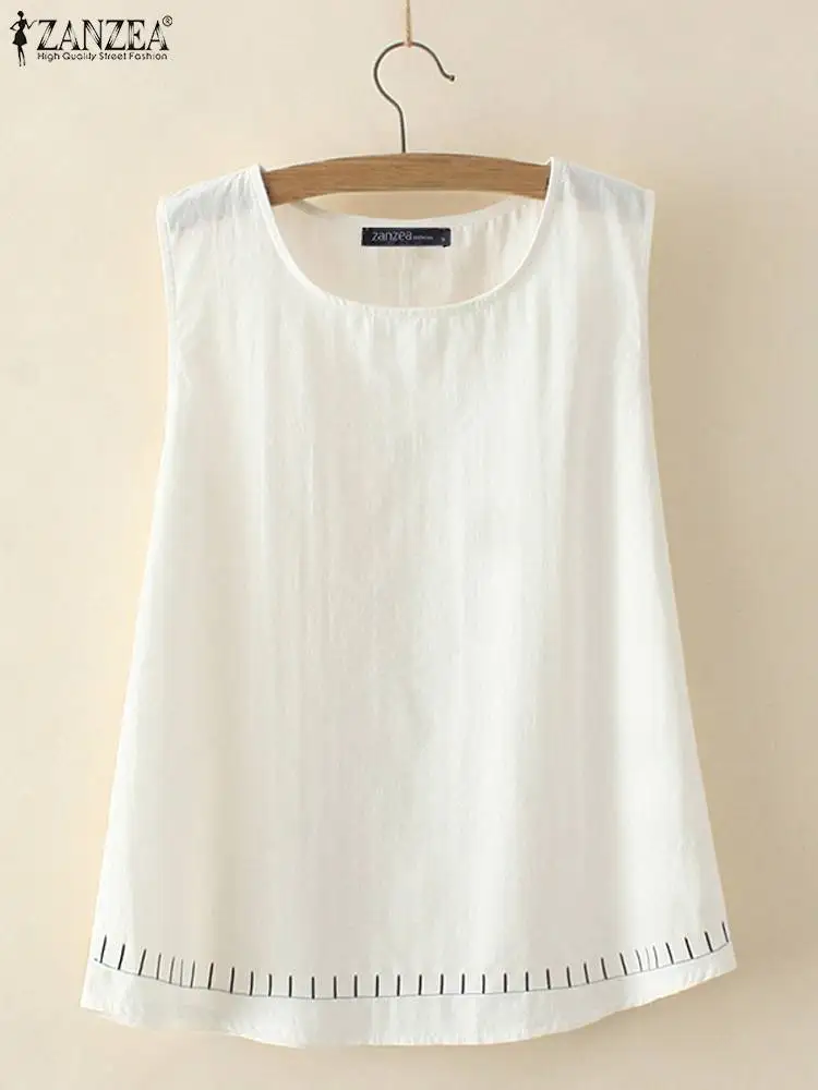 ZANZEA 2024 Summer Solid Cotton Vest Women O-neck Tank Tops Vintage Embroidery Sleeveless Camis Casual Loose Simple Basic Tanks