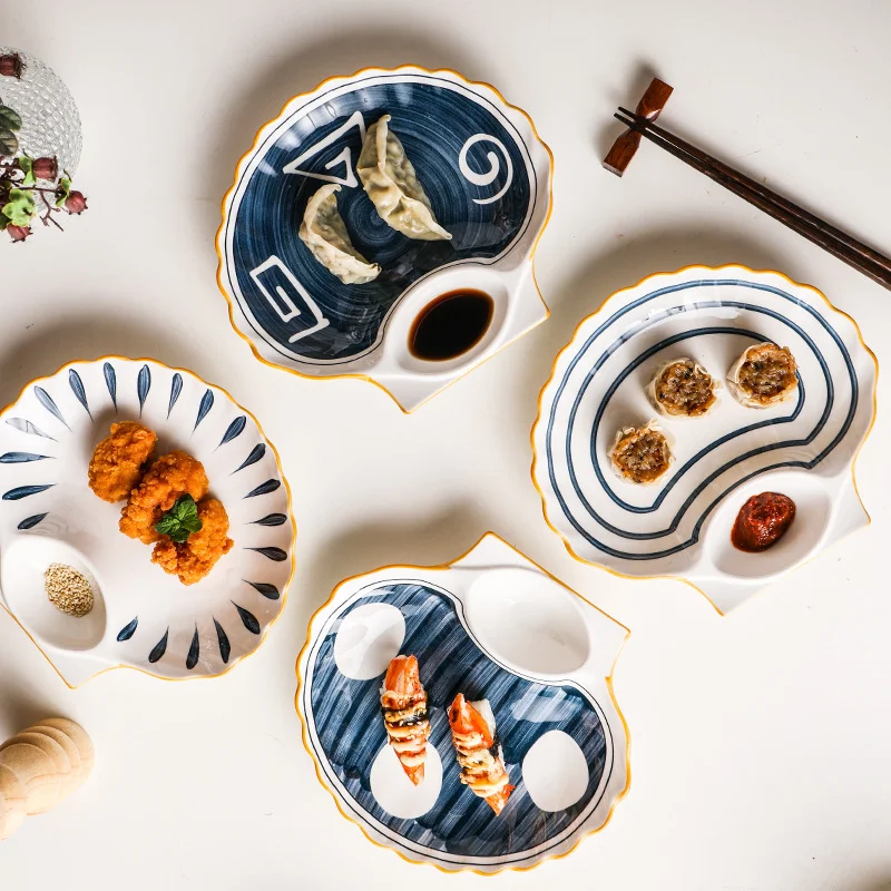 

Керамическая тарелка для закусок, японская креативная тарелка для клецок, фарфоровая посуда, тарелка для завтрака в форме ракушки, кухонные принадлежности