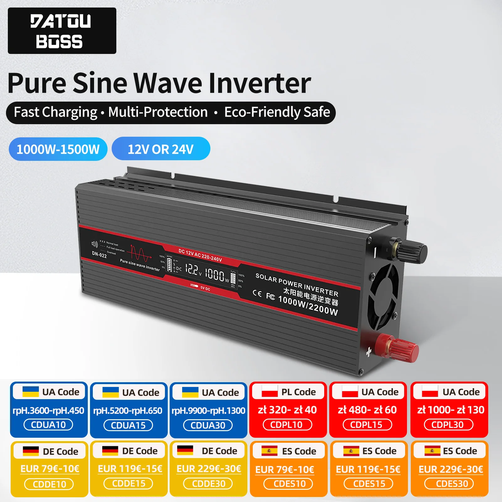 

DATOUBOSS DNB/DNG Pure Sine Wave Inverter DC12V to AC220V Continuous Power 1000W Portable Car Inverter Conversion Efficiency 90%