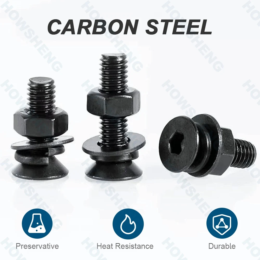 Hex Socket Flat Head Screw and Nut Set with Washer Black Plated Carbon Steel M2 M2.5 M3 M4 M5 M6 M8 M10 Allen Bolts and Nuts