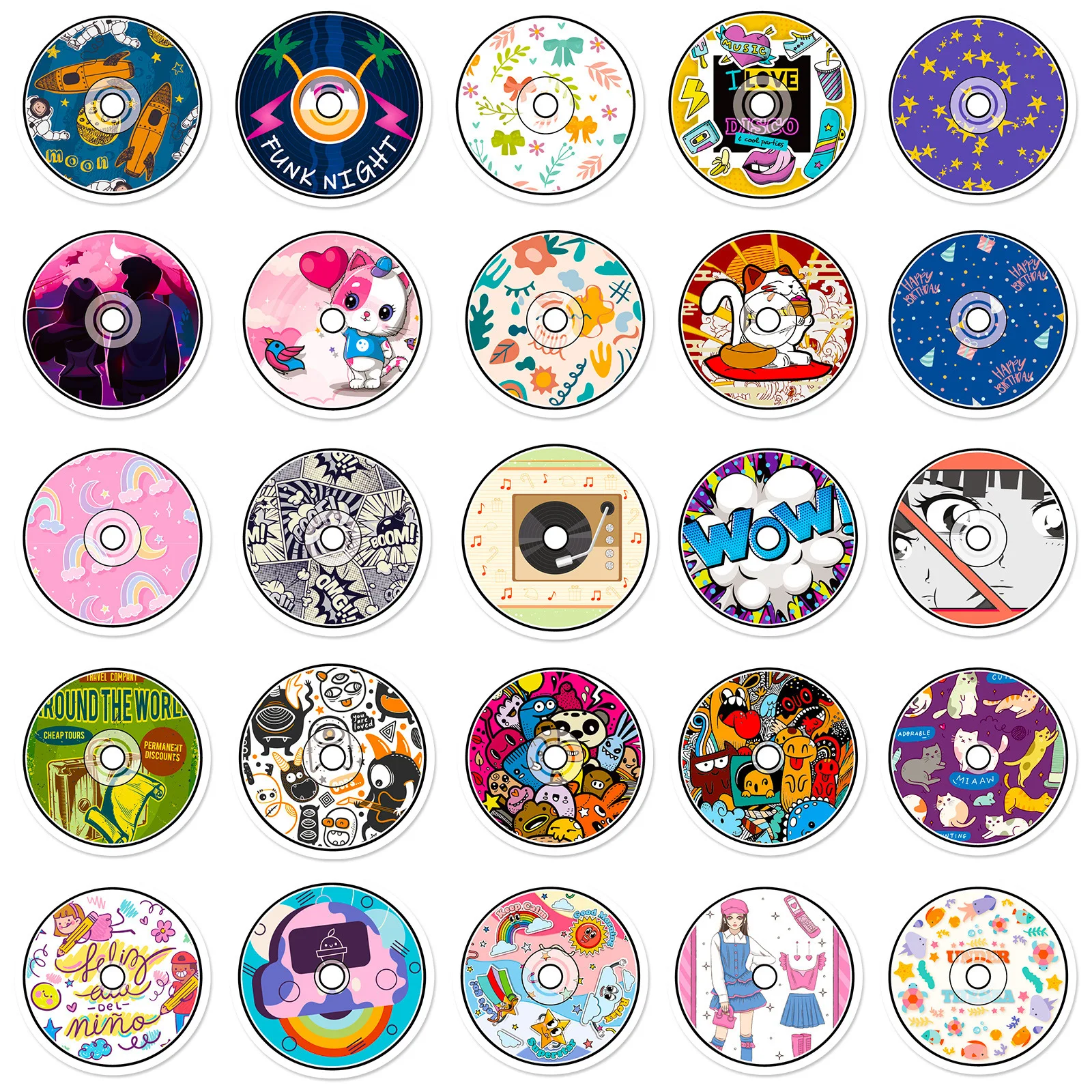 10/50PCS Optical Disk Cartoon Stickers Music Originality Sticker DIY Diary Scrapbook Laptop Phone Guitar Car Bike Graffiti Gifts