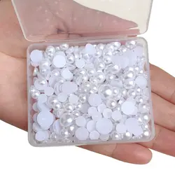 6/8/10mm White Flat Back ABS Pearl Half Round Pearls Loose Beads Gems for DIY Craft Loose Beads + Plastic Box