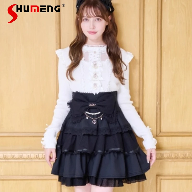 

Liz Classic Skirts Japanese Mine Sweet Cute Big Bow Pearl Chain Girl's Mini Skirt Princess Tea Party Lolita Short Skirt Autumn
