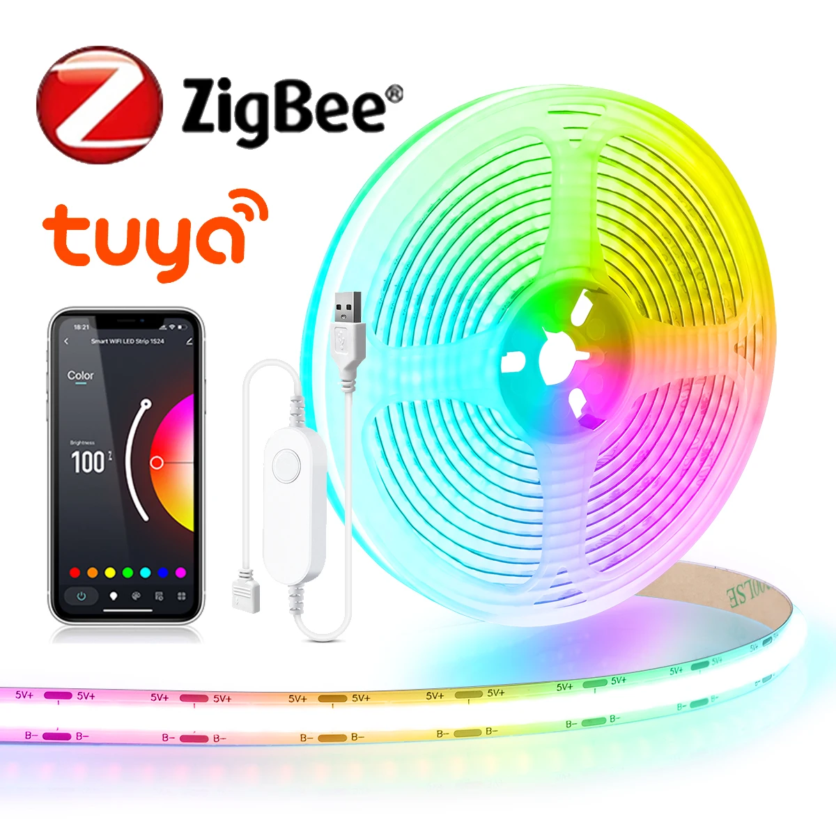Zigbee Tuya Smart RGB 5V USB COB LED Strip Night Light APP Dimmable Led Tape For Tuya Room Decor Wall TV Backlight Lighting
