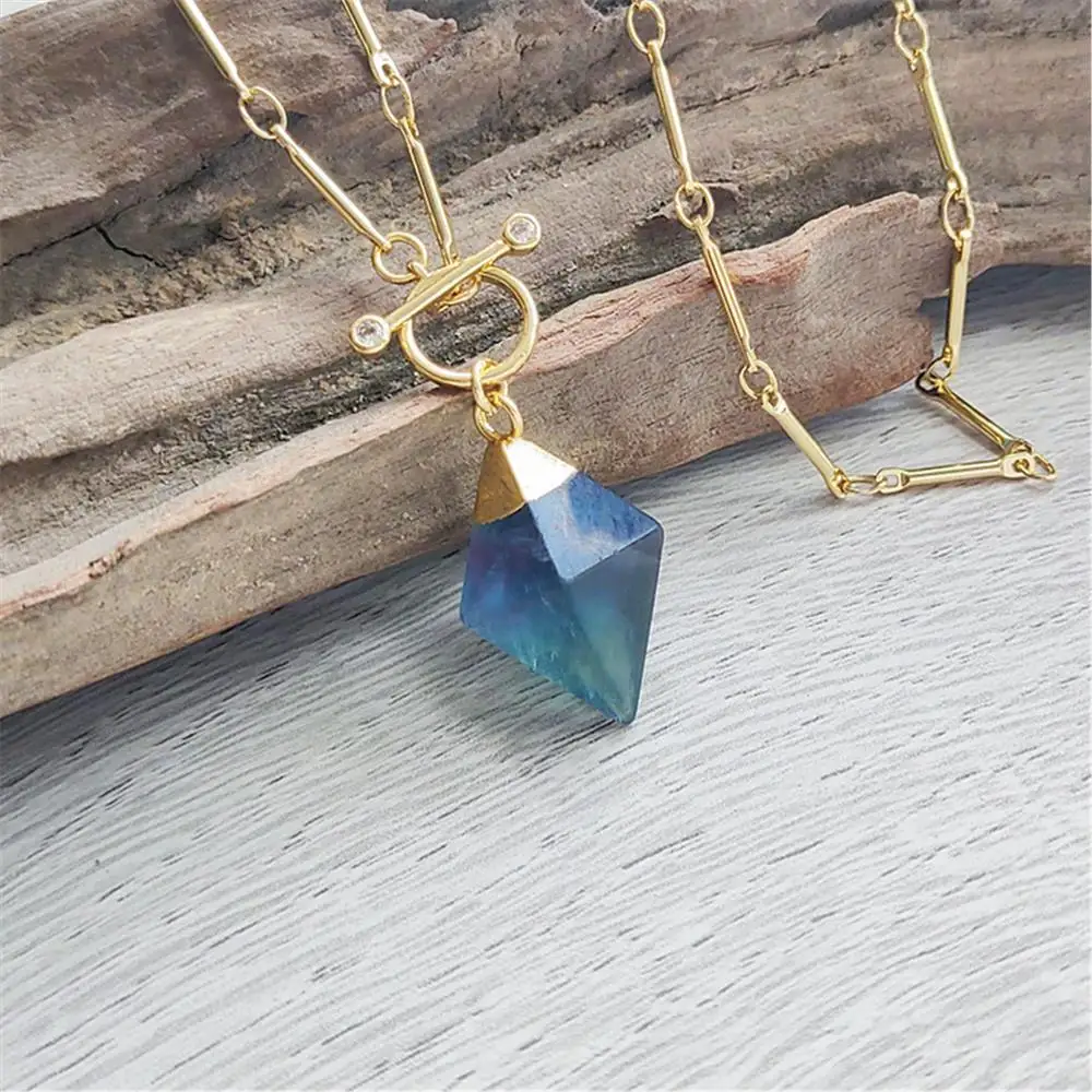 

FUWO Wholesale Rainbow Fluorite Neckace,Energy Mineral Crystal 17/22 Inches Goleden Stick Chain Jewelry For Women NC106F 5 Pcs