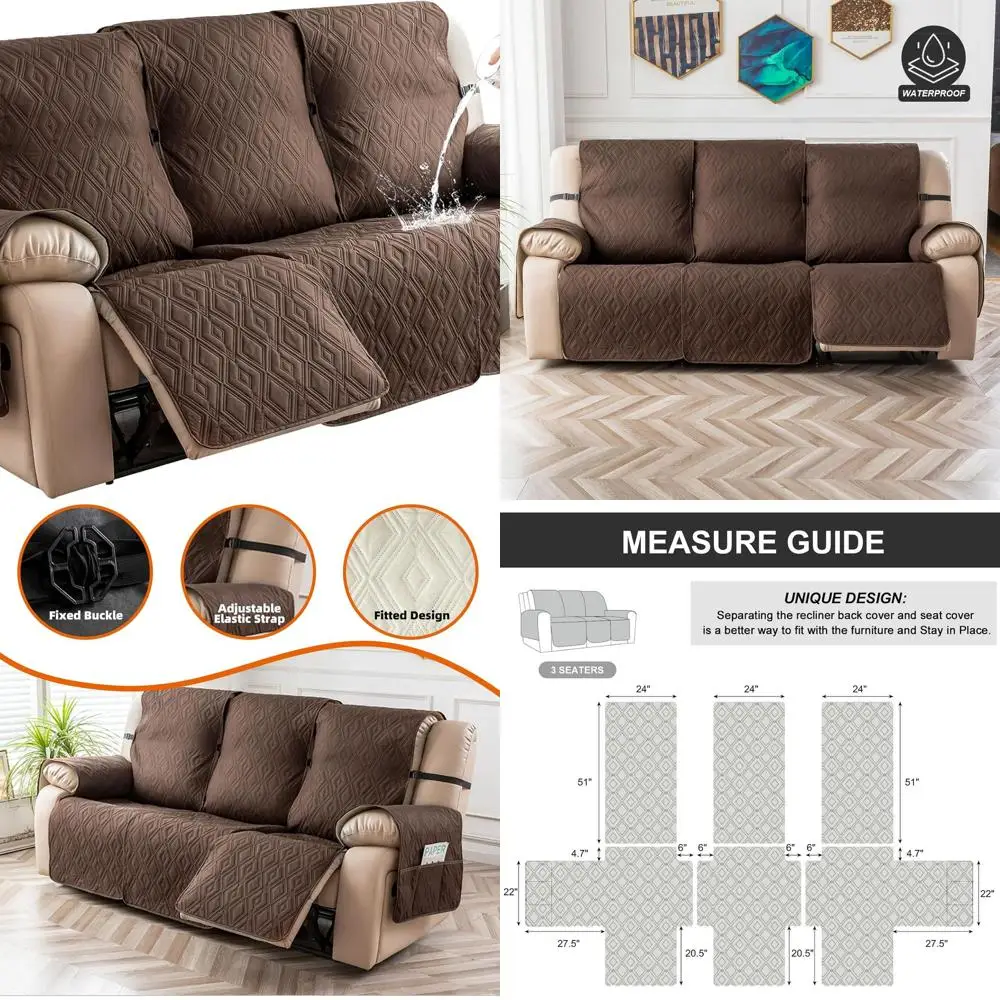 

3-Seat Recliner Sofa Cover - Waterproof, Non-Slip with Elastic Straps for Pets, Chocolate Brown