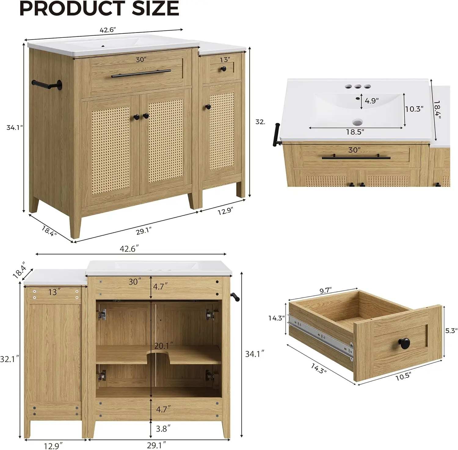 IRONCK 30-Zoll-Badezimmerwaschtisch mit seitlichem Stauraum, freistehender Badezimmerschrank mit Keramikwaschbecken, ausklappbarer Schublade und weichem C