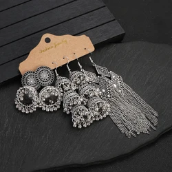 Vintage Ethnic Long Chain Tassel Earrings Set Women's Silver Color Afghan Bell Drop Earrings Wedding Party Indian Jewelry Jhumka