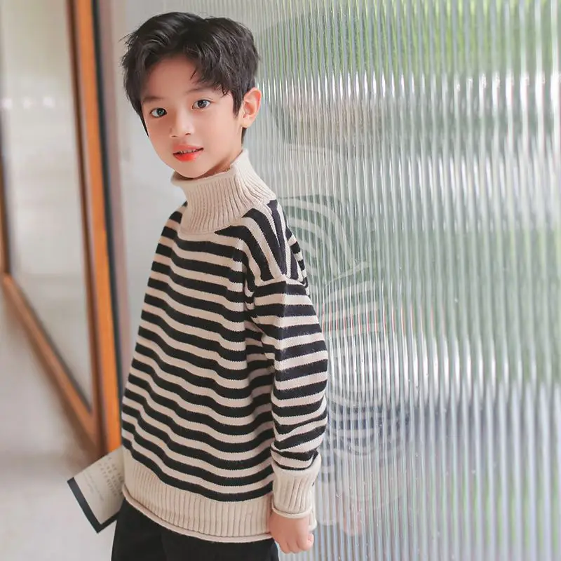 Boys Half Turtleneck Sweater Fleece Lined Thickened Pullover 2026 Autumn Winter Warm Base Layer Top Kids Knitwear