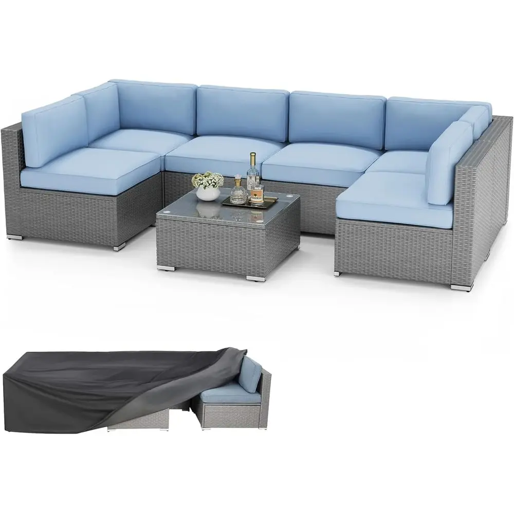 

8-Piece Grey Wicker Outdoor Patio Sectional Sofa Set with Cushions and Tempered Glass Table, Sky Blue