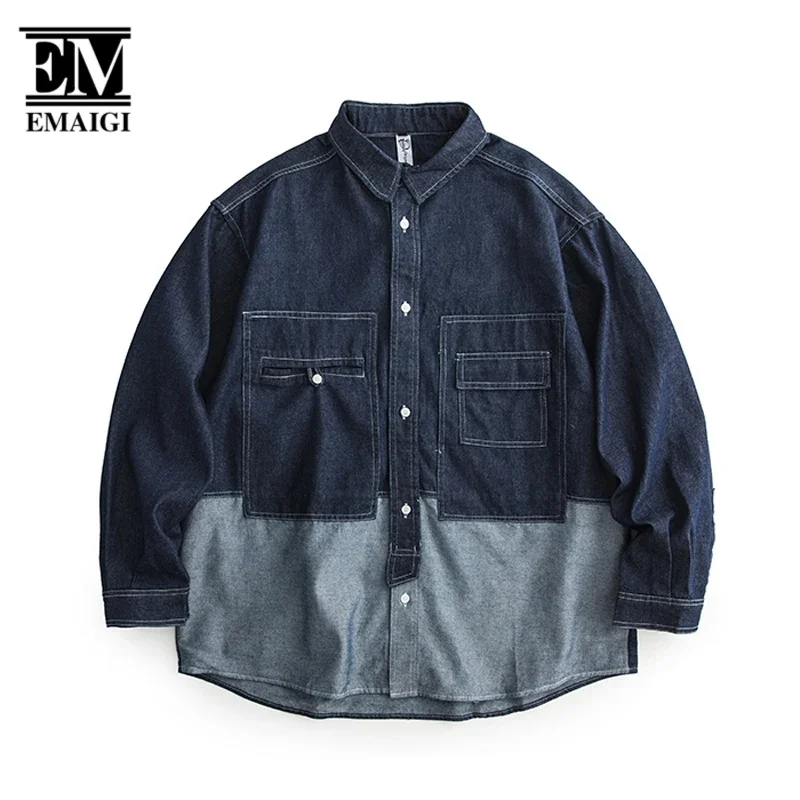 Denim Shirt for Men Cityboy Loose Casual Harajuku Streetwear Fashion Long Sleeve Denim Cargo Shirts Male Women Shirt and Blouse