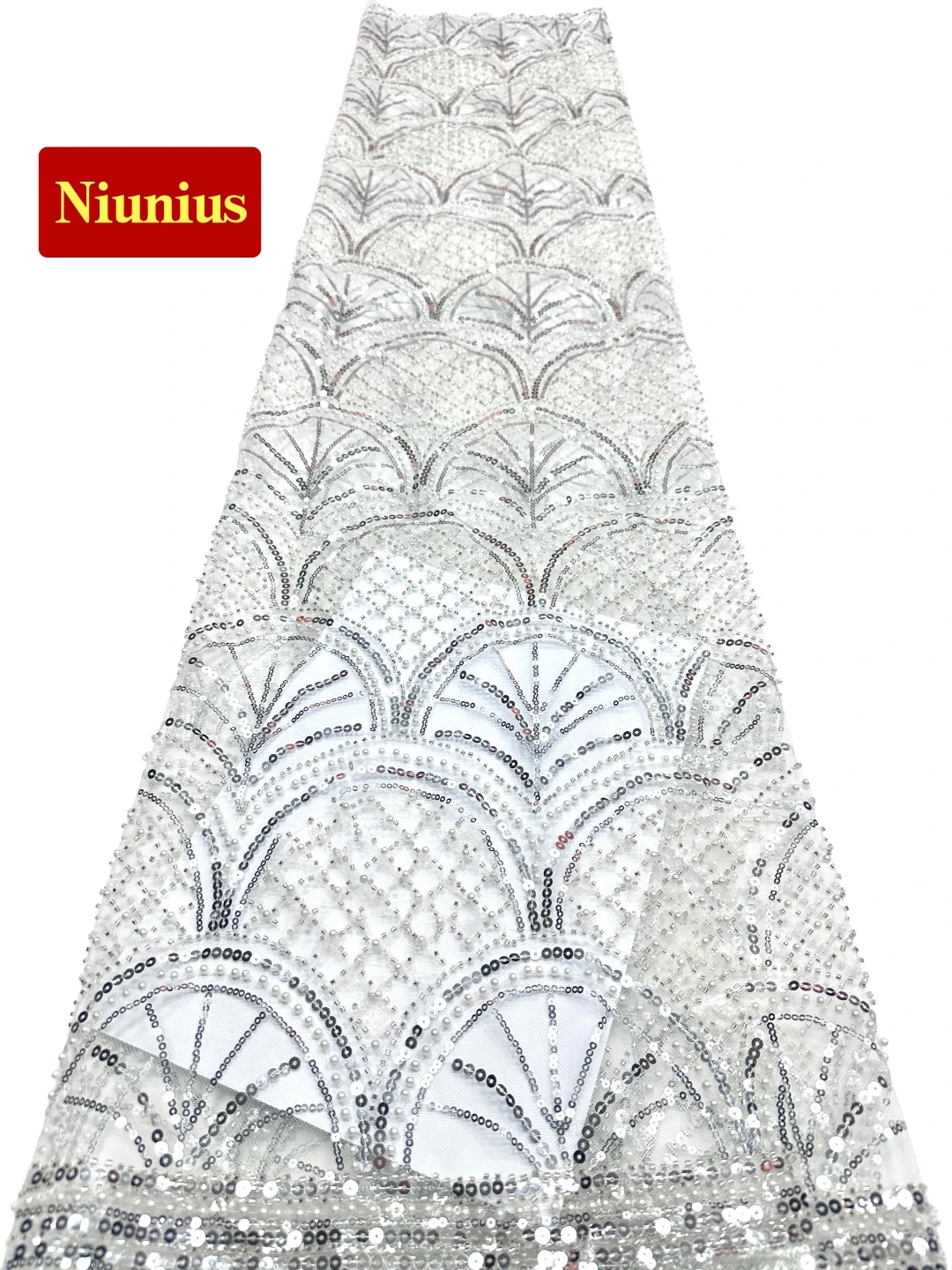 

Элегантная белая тюлевая кружевная ткань 2026 года с бисером и камнями – высокое качество для вечерних и праздничных платьев NN7638_R