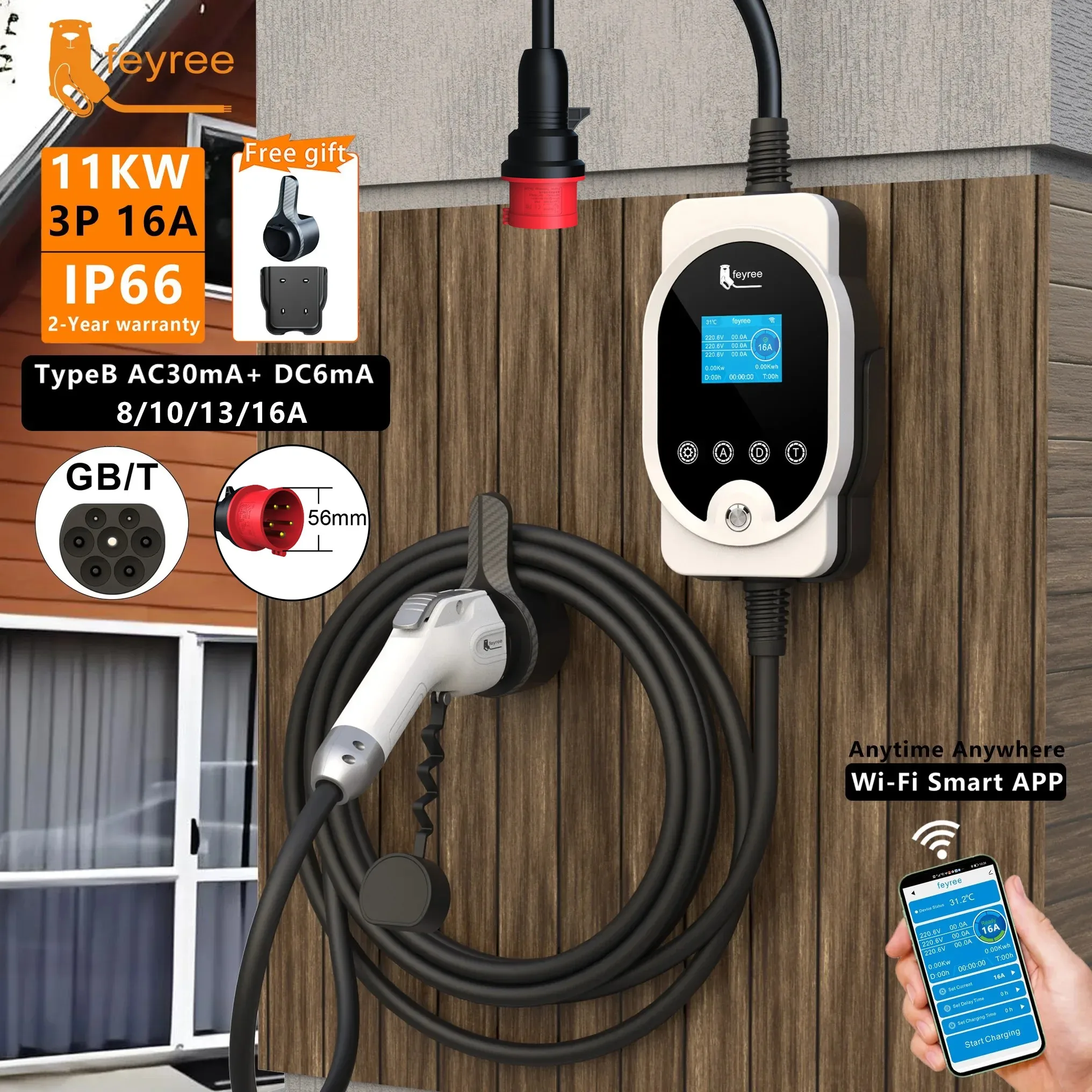 Feyree GB/T Socket 11KW 16A 3Phase EV Charger EVSE Wallbox Smart APP Control EV Charging Station CEE Plug for Electric Vehicle