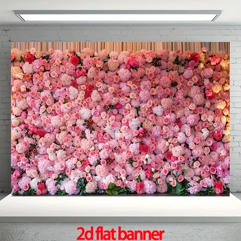 Floral Wall Backdrop Pink Rose Flower Wall Decoration Wedding Party Photo Booth Background 2D Flat Banner Event Decor