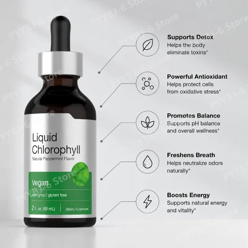 Liquid Chlorophyll Drops 59ml Peppermint Herbal Extract Vegan Non-GMO Dietary Supplement Mix with Water Support Antioxidant