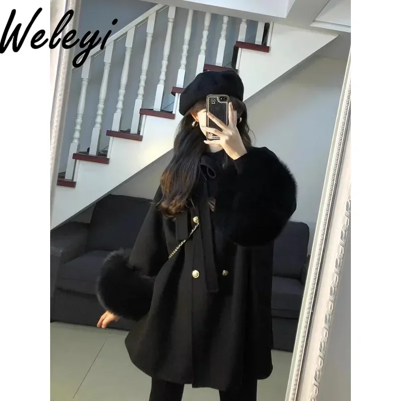 

Winter Woman Furry Cloak Mid-length Black Wool Coat Warm 2024 Autumn New Women's Premium Thickened Fur Long Sleeve Woolen Coat