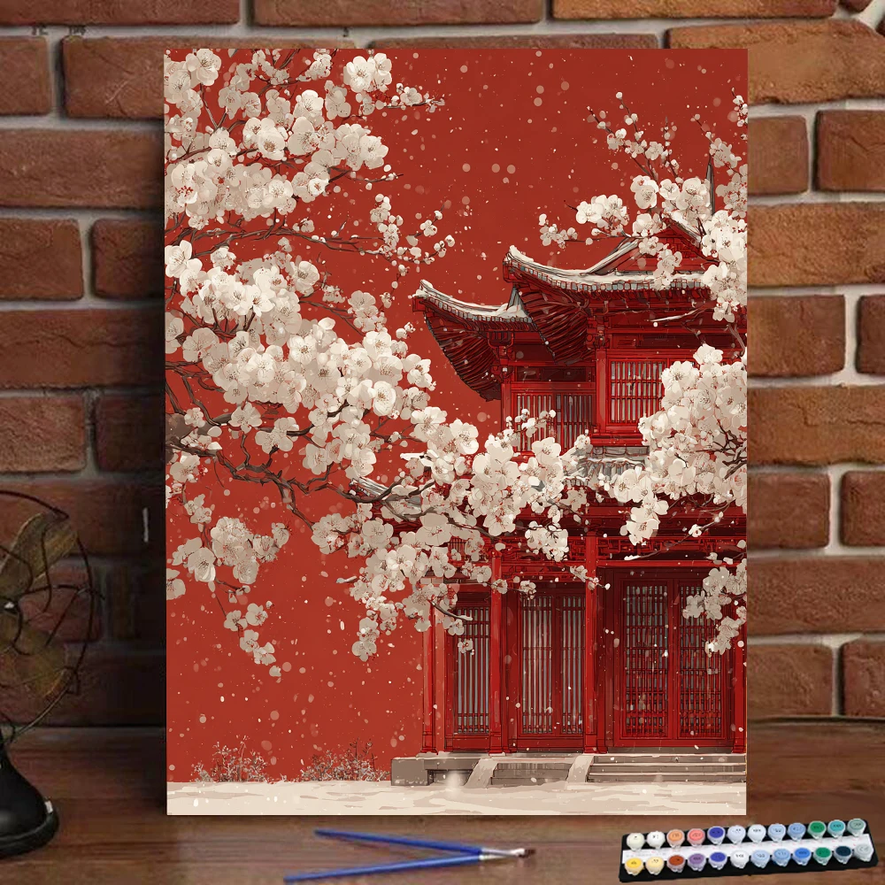 Painting by Numbers Chinese-style architecture and flowers Digital Painting Handmade Adult Children Gift Wall Decoration D
