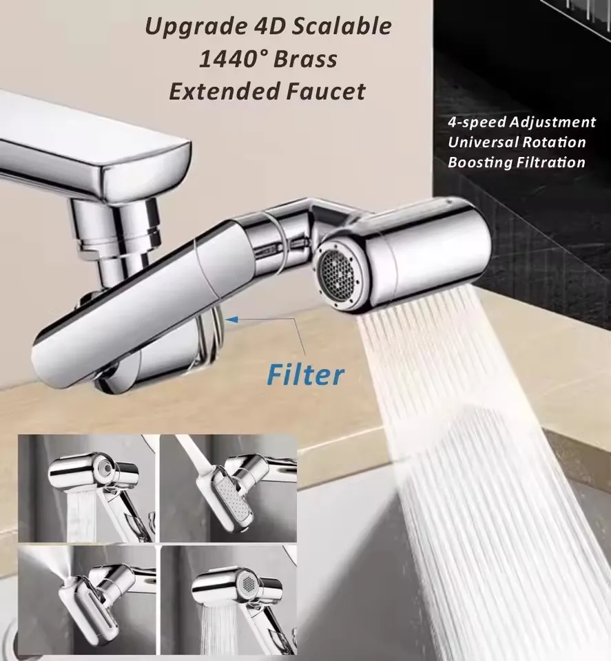 Brass Filtered Water Kitchen Faucet Extender 4 Modes Adjutable Splash-proof 1440° Rotation Swivel Tap Aerator Faucets Extension