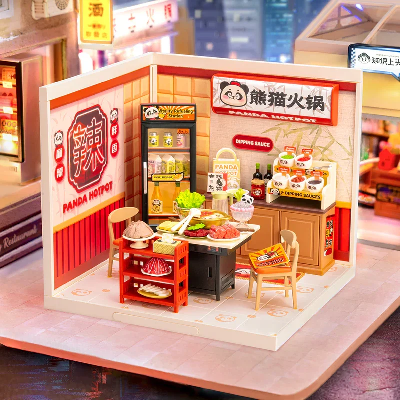 Robotime Rolife DIY Miniatur-Haus-Set, Modellbau-Bastelset mit LED für Erwachsene, Kinder, Panda, Hot Pot und Night Out Food Stall