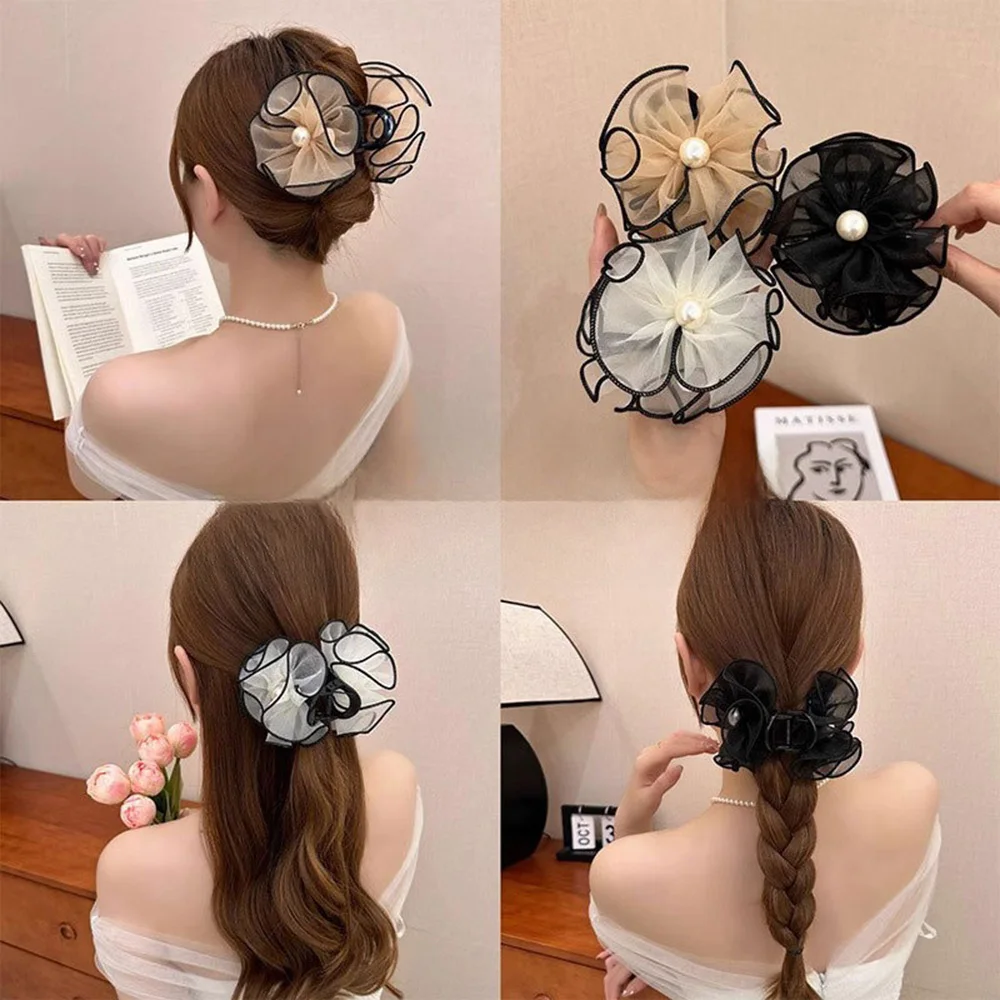 Korean Mesh Flower Double Hair Claw Clips New High Ponytail Holder Hair Clamp Fashion Exaggerated Headwear Women Hair Accessorie