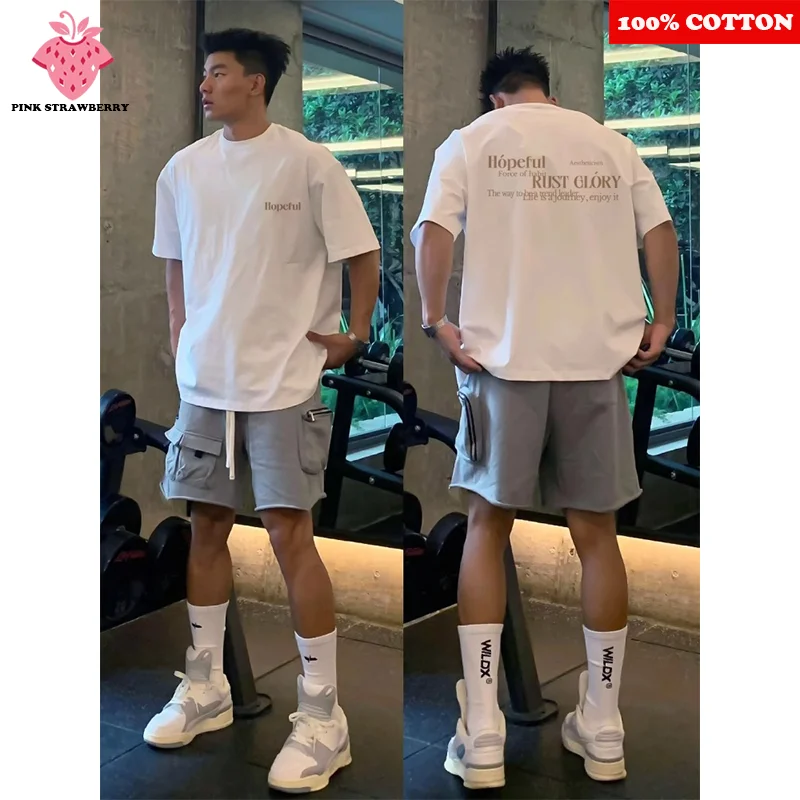 

American Street Letter Print T-shirt Men Summer 2025 New 100% Cotton Short sleeve Gym Sport T-shirt Casual Y2k Top Male clothing