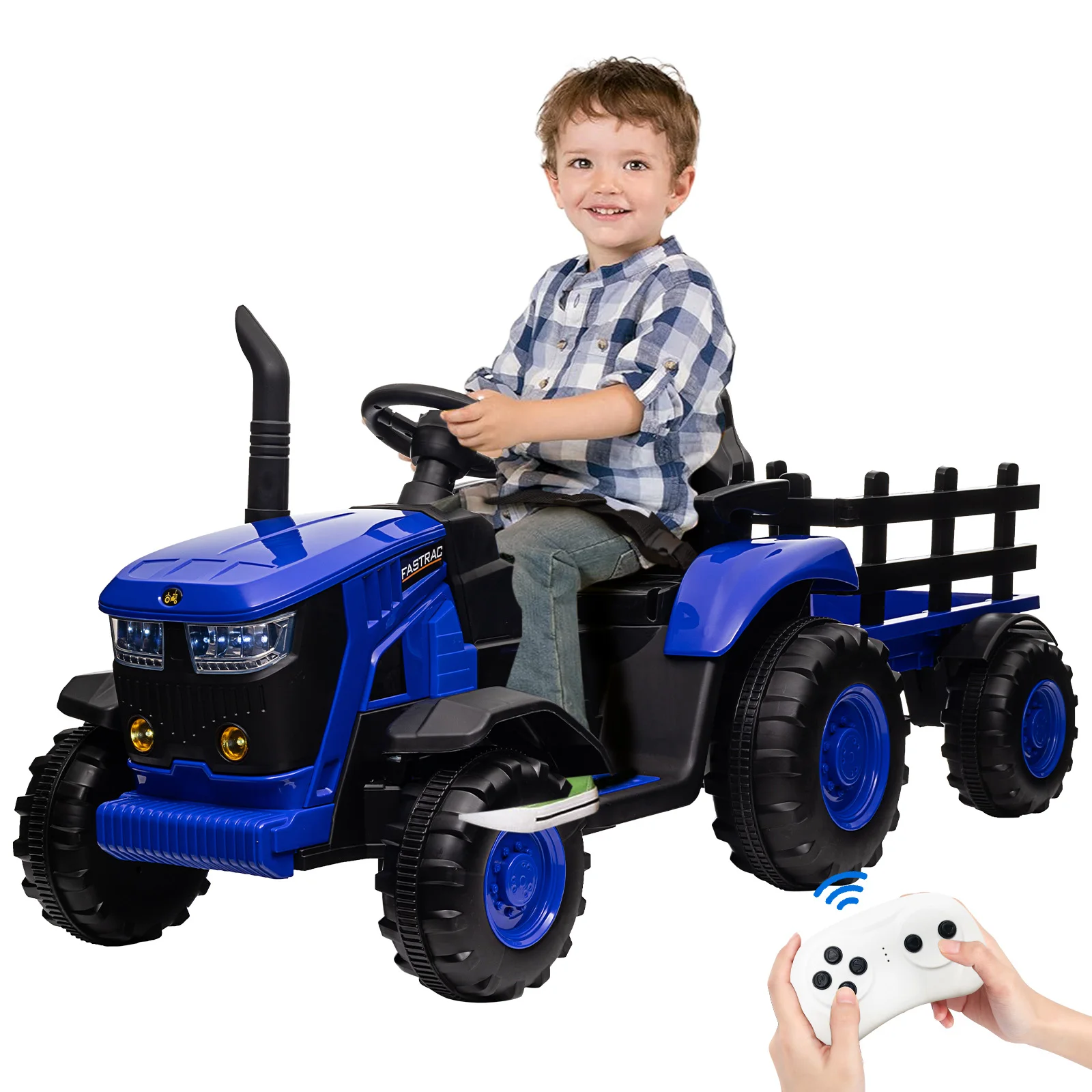 Ride-on Tractor for Kids with Detachable Trailer,12v, Remote Control, LED Headlights, USB Music, 7Ah Battery, Dual 35w Motors