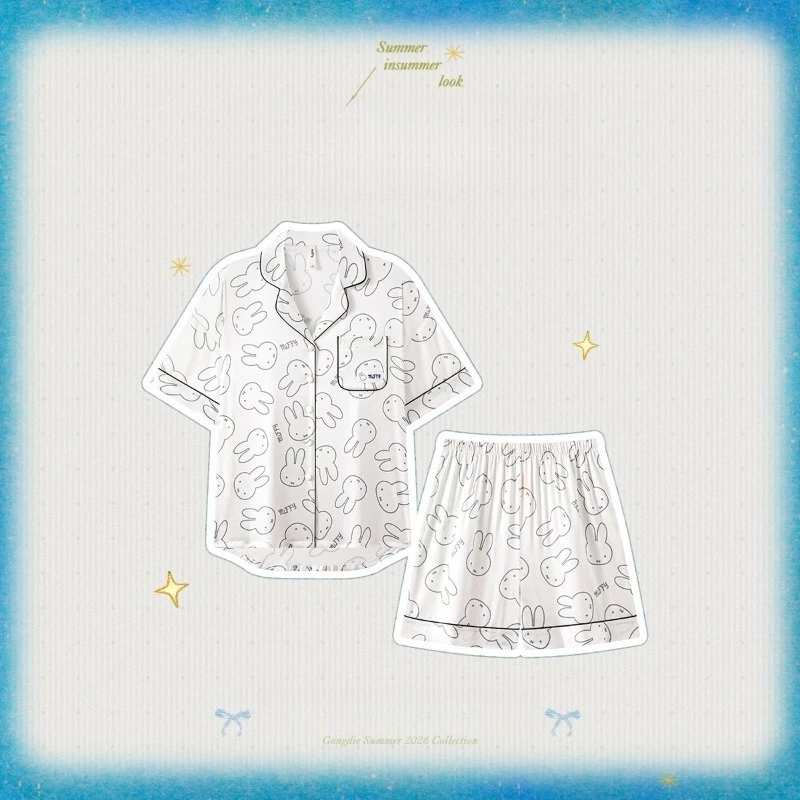 

Miffy Cooling Ice Silk Short Sleeve Pajama Women Cute Cartoon Loungewear Lightweight Summer Homewear Breathable Skin-Friendly