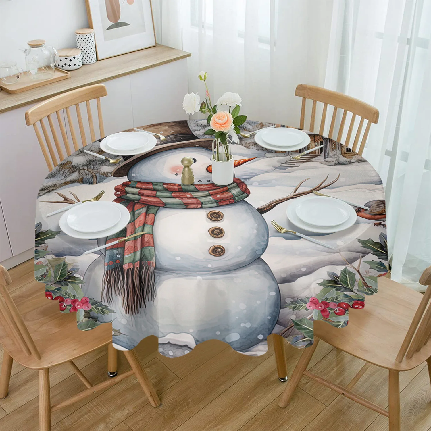 

Christmas Snowman House Round Tablecloth Waterproof Wedding Decor Table Cover Christmas Party Decorative Tablecloth