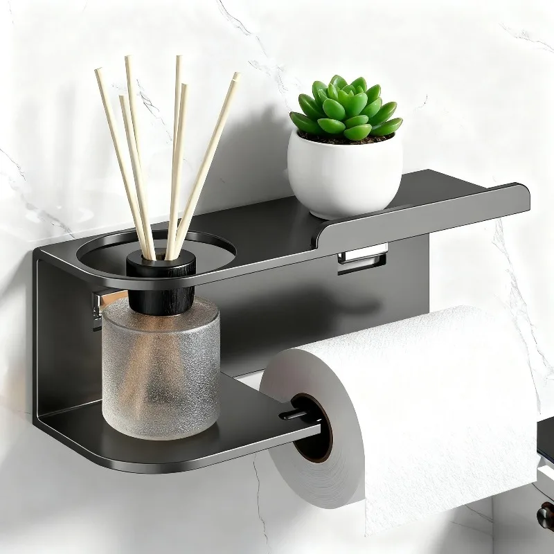 

Wall Mounted Toilet Paper Holder with Roll Dispenser and Storage Shelf - Space Saving Organizer for Home Bathroom and Restroom