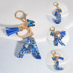 Blue A To Z 26 Letter Keychain Women Wallet Charms 26 Initials Alphabet Butterfly Tassel Pendant With Key Rings Jewelry Gift