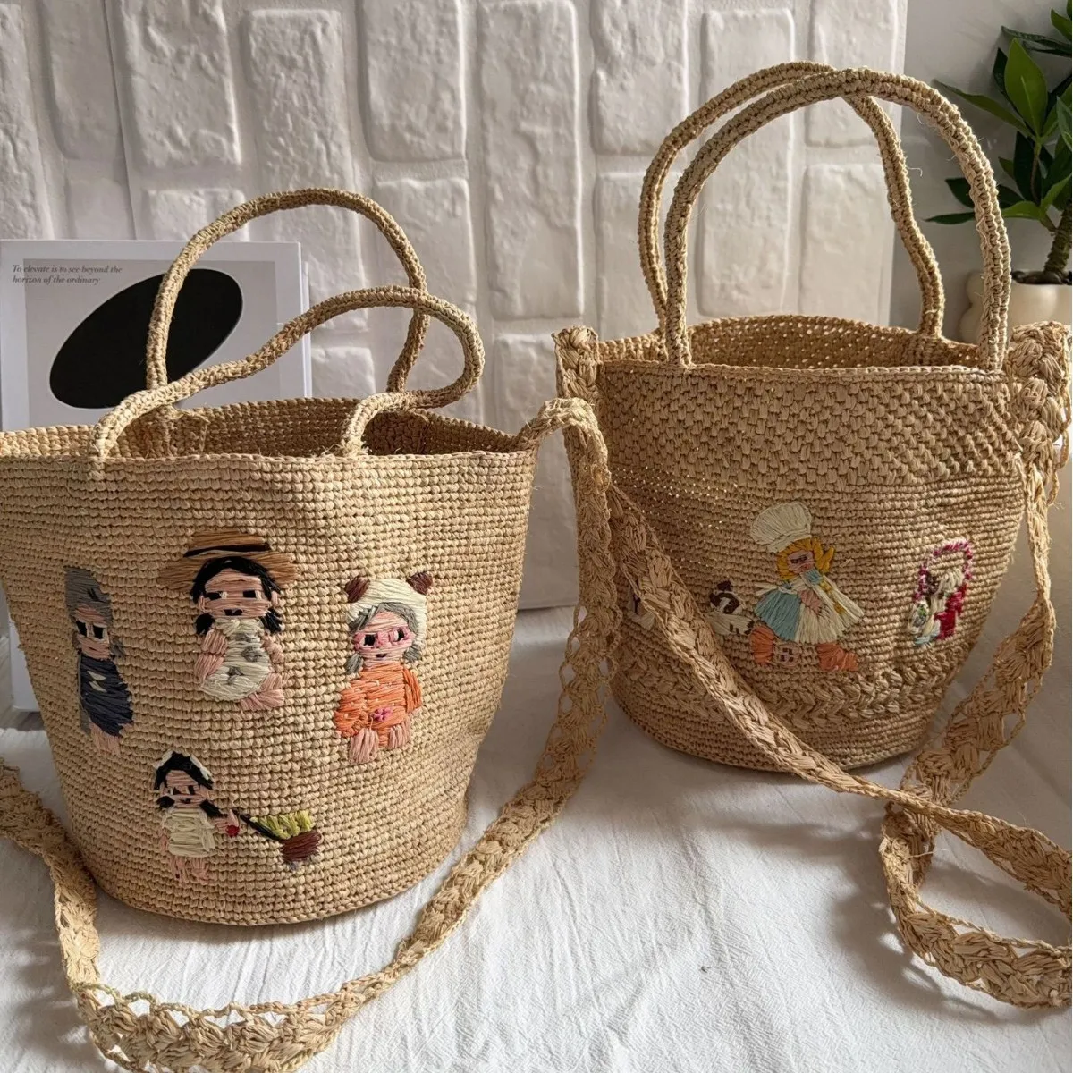 

Cartoon Embroidery Straw Bag Handmade Raffia Bucket Bags for Women Shoulder Bag Vacation Travel Beach Bags Handbags Shopper Tote
