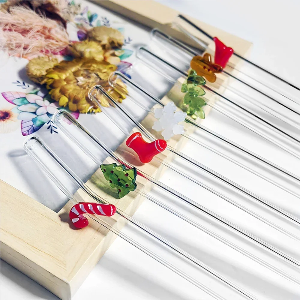 Pajitas reutilizables de diseño navideño, pajitas de vidrio con 2 cepillos de limpieza para batidos, batidos, zumos, juego de accesorios para Bar, 7 Uds.