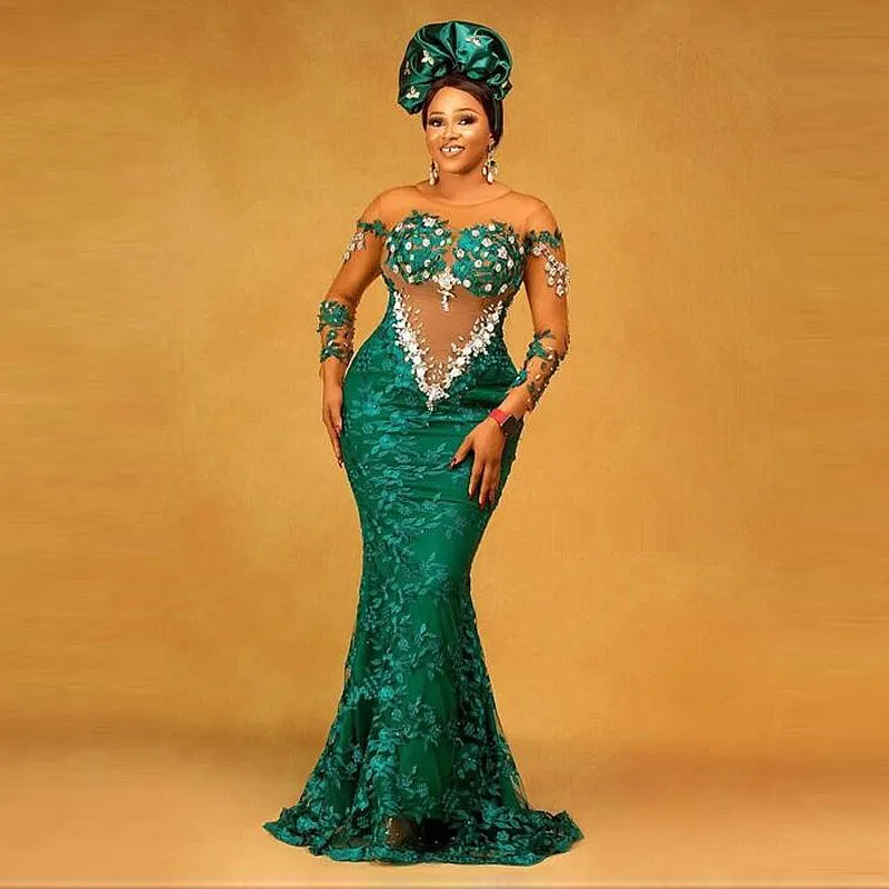 Mermaid Evening Dresses For African Women Sheer Neck Illusion Long Sleeves Appliques Aso Ebi Prom Dress Dark Green Lace Gowns