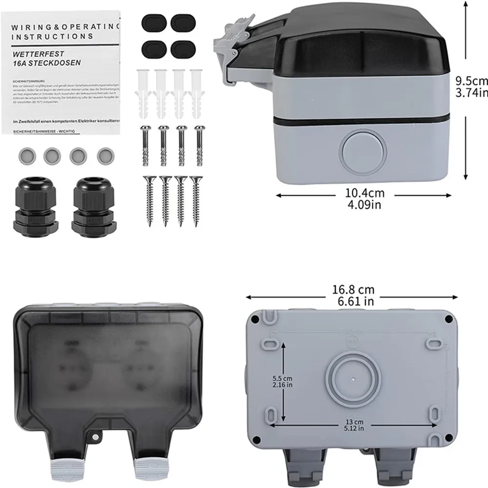 IP66 Weatherproof Thickened Wall Socket with Switch Indicator Light 2 Compartment for Wet Room Garden Outdoor Area