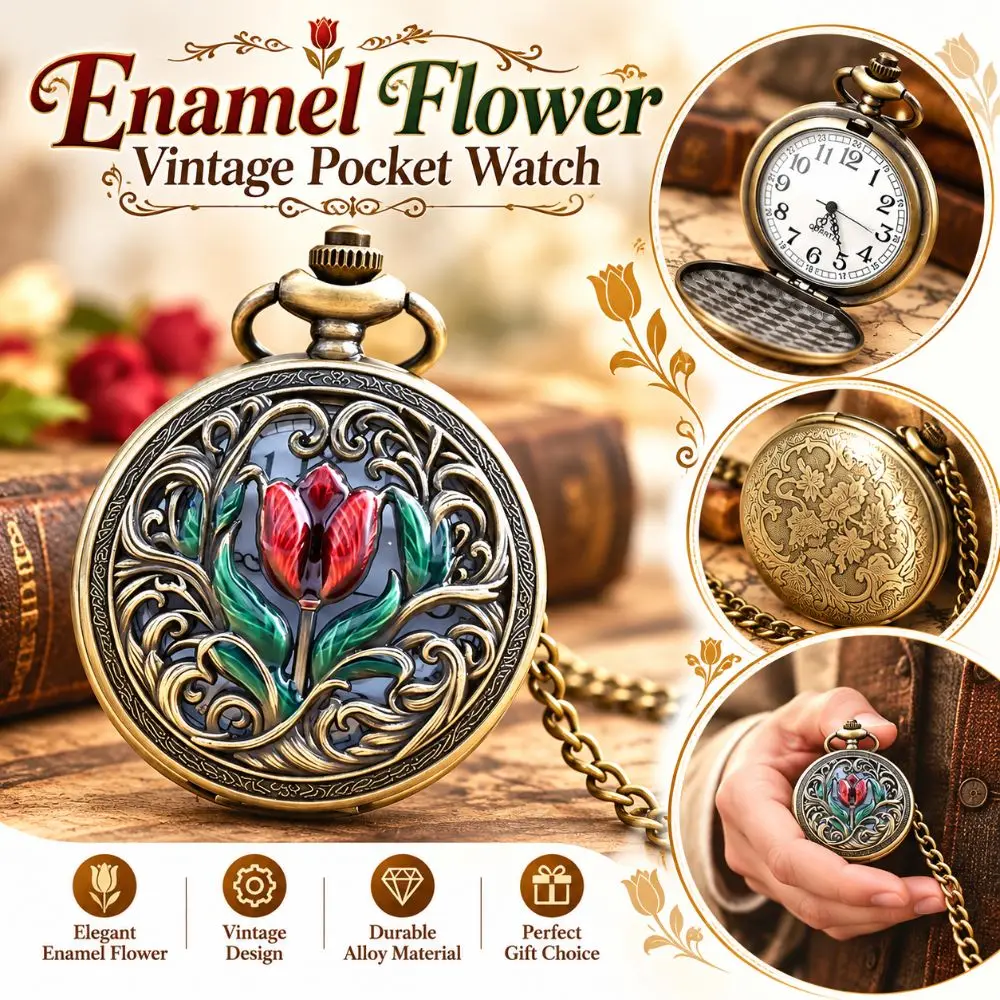 Bronze Vintage Pocket Watch Hollow Carved Case Enamel Flower Pendant Watch Rhinestone Inlay Chain Unisex Vintage Pendant