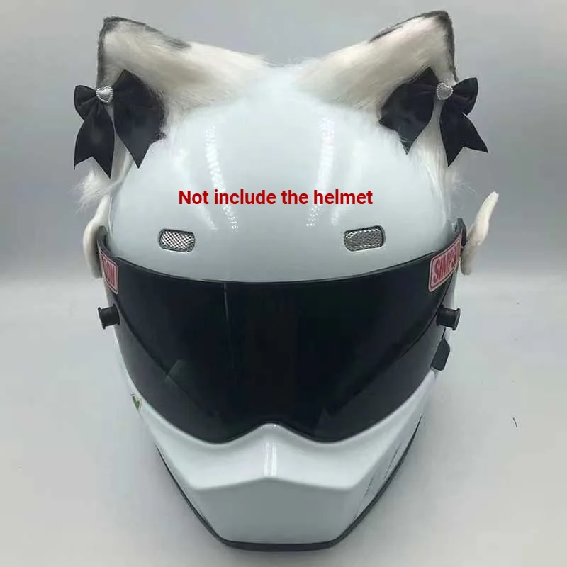 2Pcs 3D Plush Cat Ears with Tail Helmet Decor New Cute Motorcycle Helmet Sticker Cosplayer Styling （Excluding Helmets）