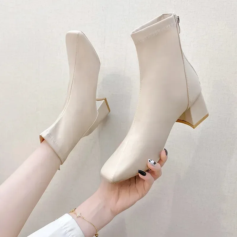 Classic New Autumn Women Ankle Boots Fashion Female Mid Thick Heels Elegant Lady White Black Apricot Square Toe Zip Shoes Matte