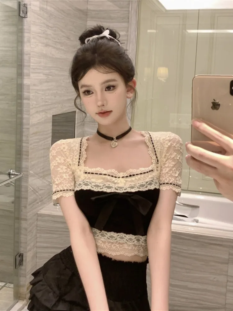 

Retro Sexy Backless Lace Shirt Women's Pure Desire Summer Anti-Aging Square Collar Color Block Contrast Women's Fashion